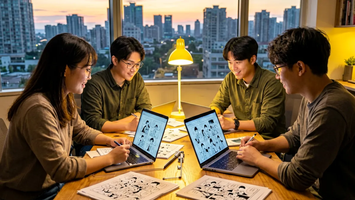 编辑团队围坐在长桌前，屏幕上展示着多份待审稿件，窗外是黄昏时的城市剪影，桌上散落着咖啡杯和便签纸