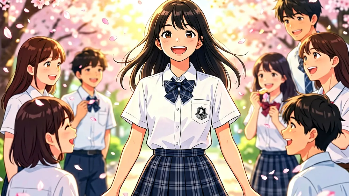 日系漫画风格封面展示图，多位画风偏二次元的角色以明亮色彩呈现，画面中心是一位穿学生制服的少女，周围点缀樱花元素，整体视觉符合日本少年漫画的典型审美