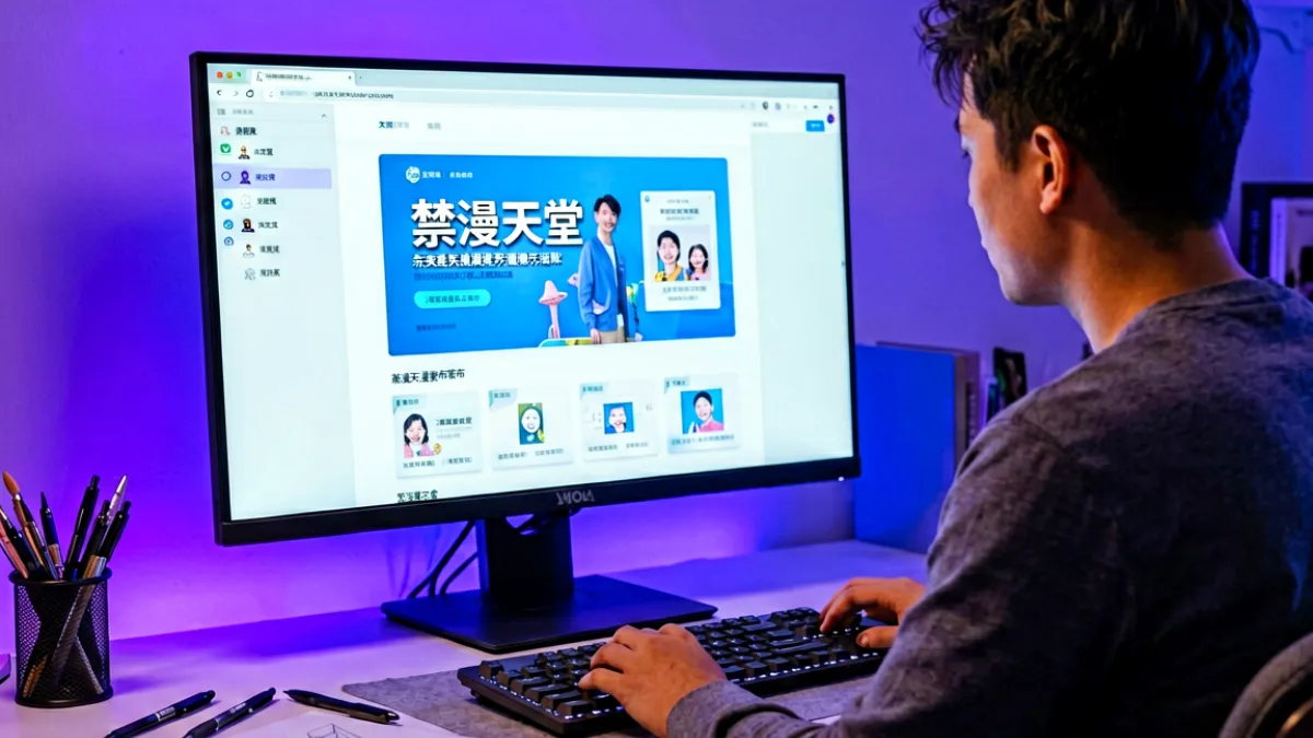 一位创作者坐在电脑前，屏幕上显示着禁漫天堂发布页的界面，周围摆放着数位板和手绘草稿，灯光偏紫色调