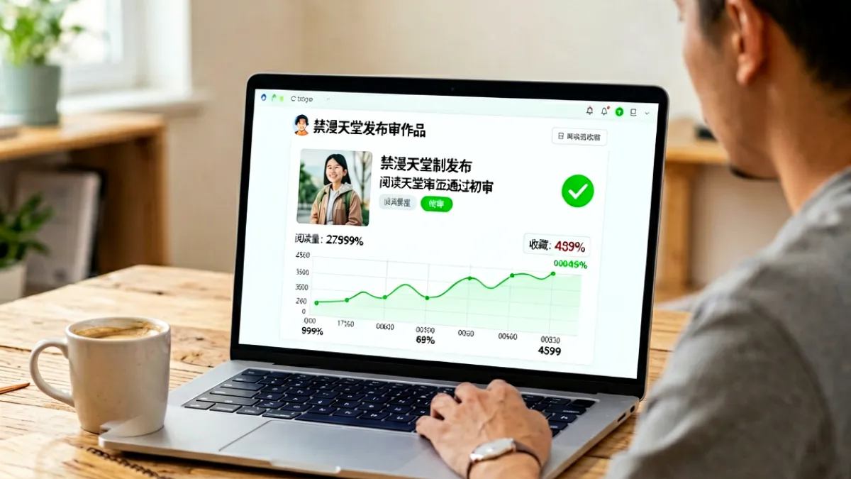创作者在书桌前查看禁漫天堂发布页的审核状态面板，屏幕上显示作品已通过初审的绿色勾标与数据阅读曲线