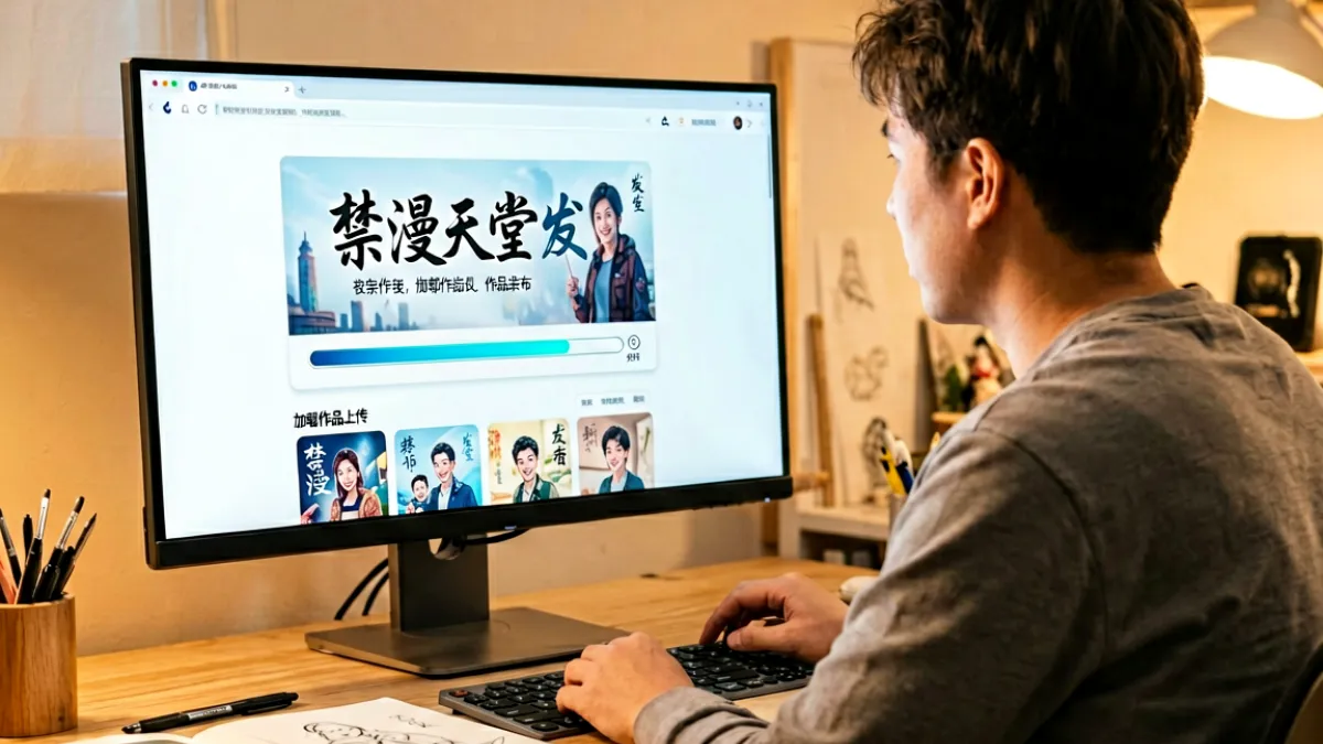 创作者在电脑屏幕前登录禁漫天堂发布页，界面显示作品上传进度条，旁边放着几支绘图笔和手绘草图本
