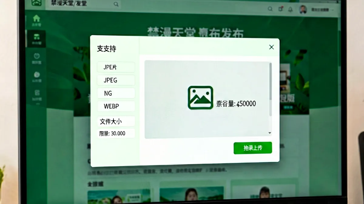 禁漫天堂发布页的图片上传界面特写，屏幕中央显示拖拽上传区域，左侧列出已支持的图片格式和大小限制参数